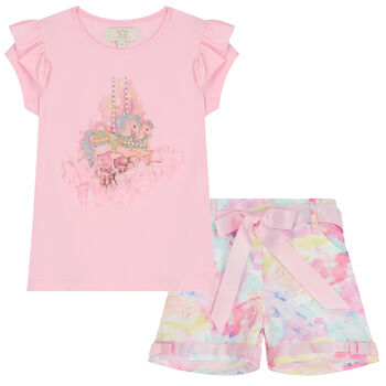 Girls Pink Embellished Shorts Set