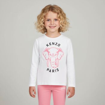 Girls White Elephant Logo Long Sleeve Top