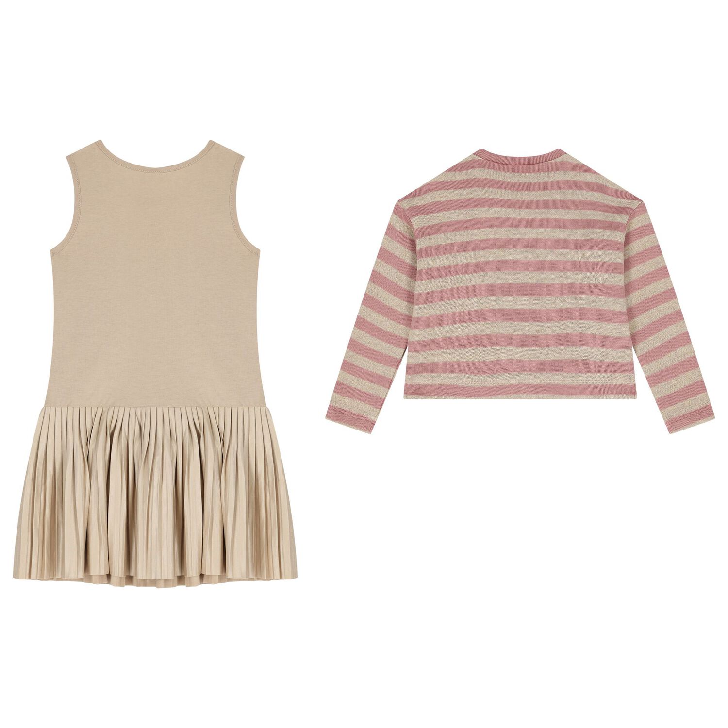 Girls Pink & Beige Striped Dress Set, 1, hi-res