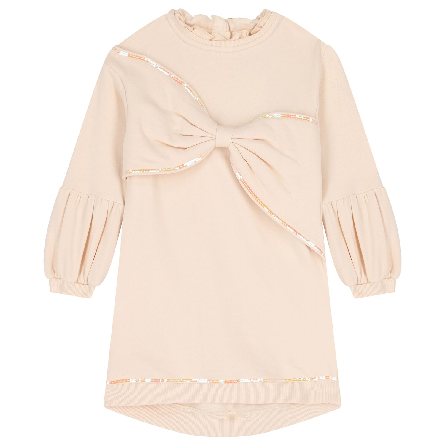 Girls Beige Bow Sweatshirt Dress, 1, hi-res