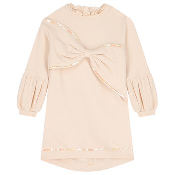 Girls Beige Bow Sweatshirt Dress