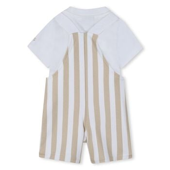 Baby Boys White & Beige Striped Logo Dungaree Set