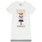 Girls White Teddy Bear Logo Dress, 1, hi-res