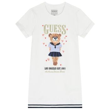 Girls White Teddy Bear Logo Dress