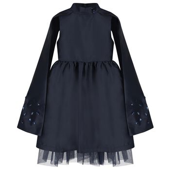 Girls Navy Blue Crystal Cape Sleeve Dress