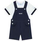 Baby Boys White & Navy Blue Logo Dungaree Set, 2, hi-res