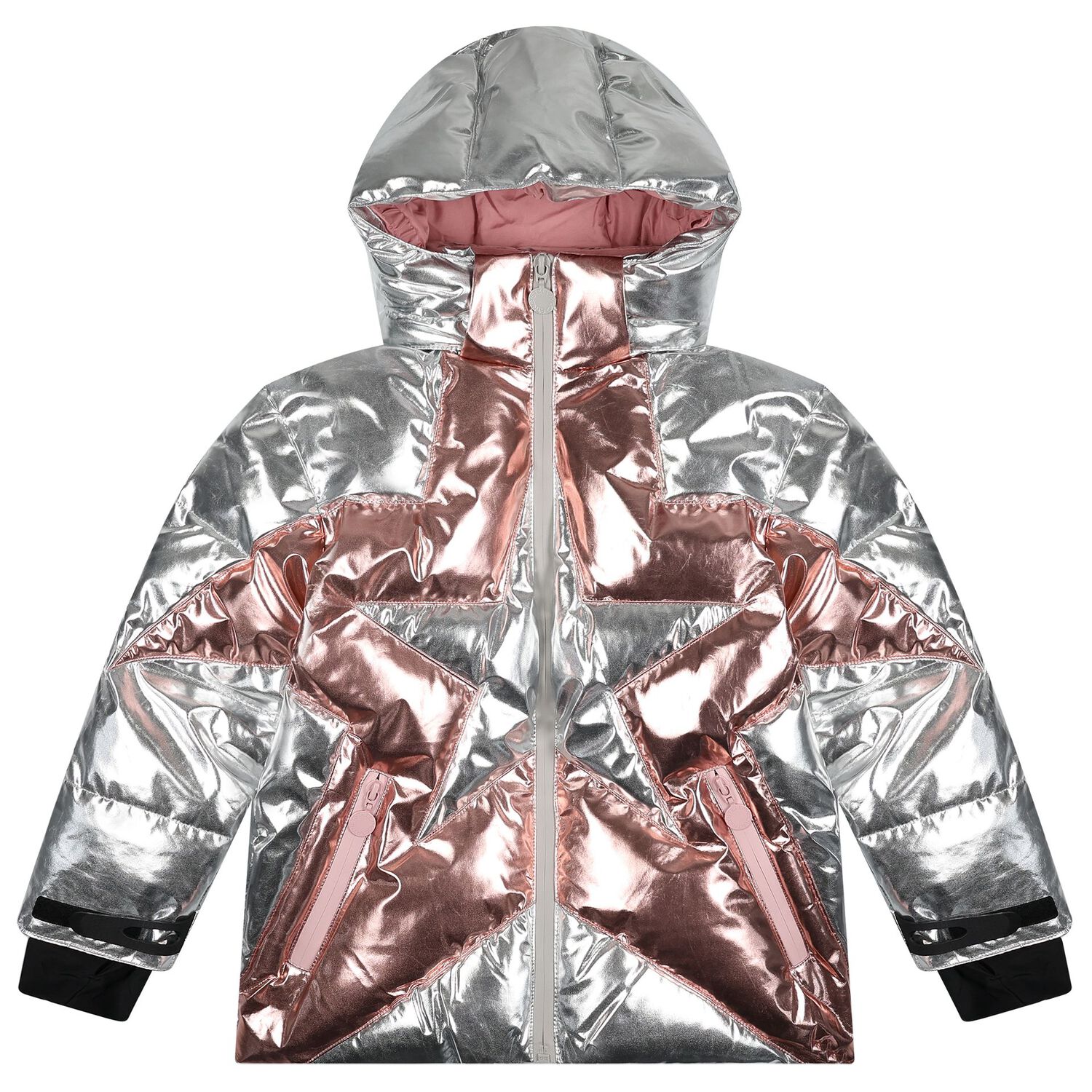 Girls Silver Metallic Star Puffer Jacket, 1, hi-res