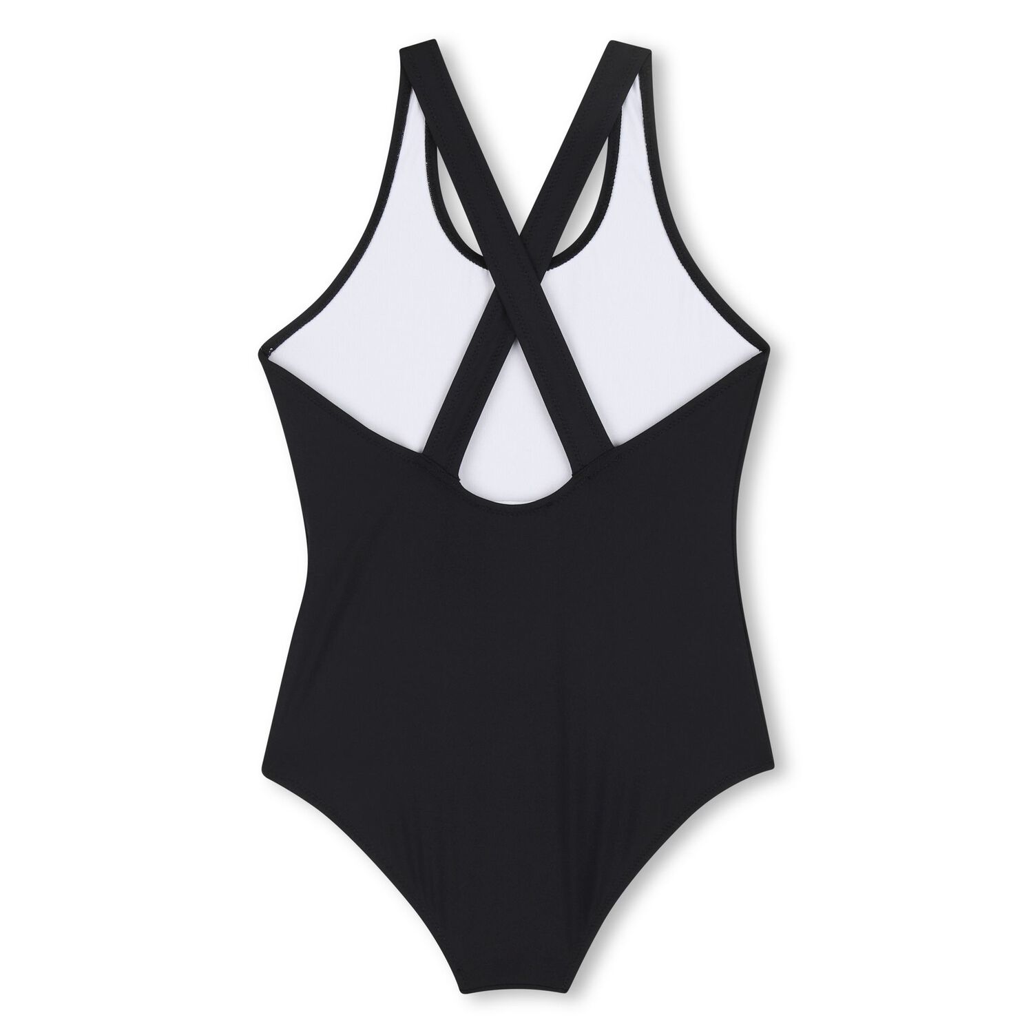 بدلة سباحة بالشعار باللون الأسود للبنات, 1, hi-res