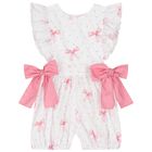 Girls White & Pink Bow Playsuit, 1, hi-res