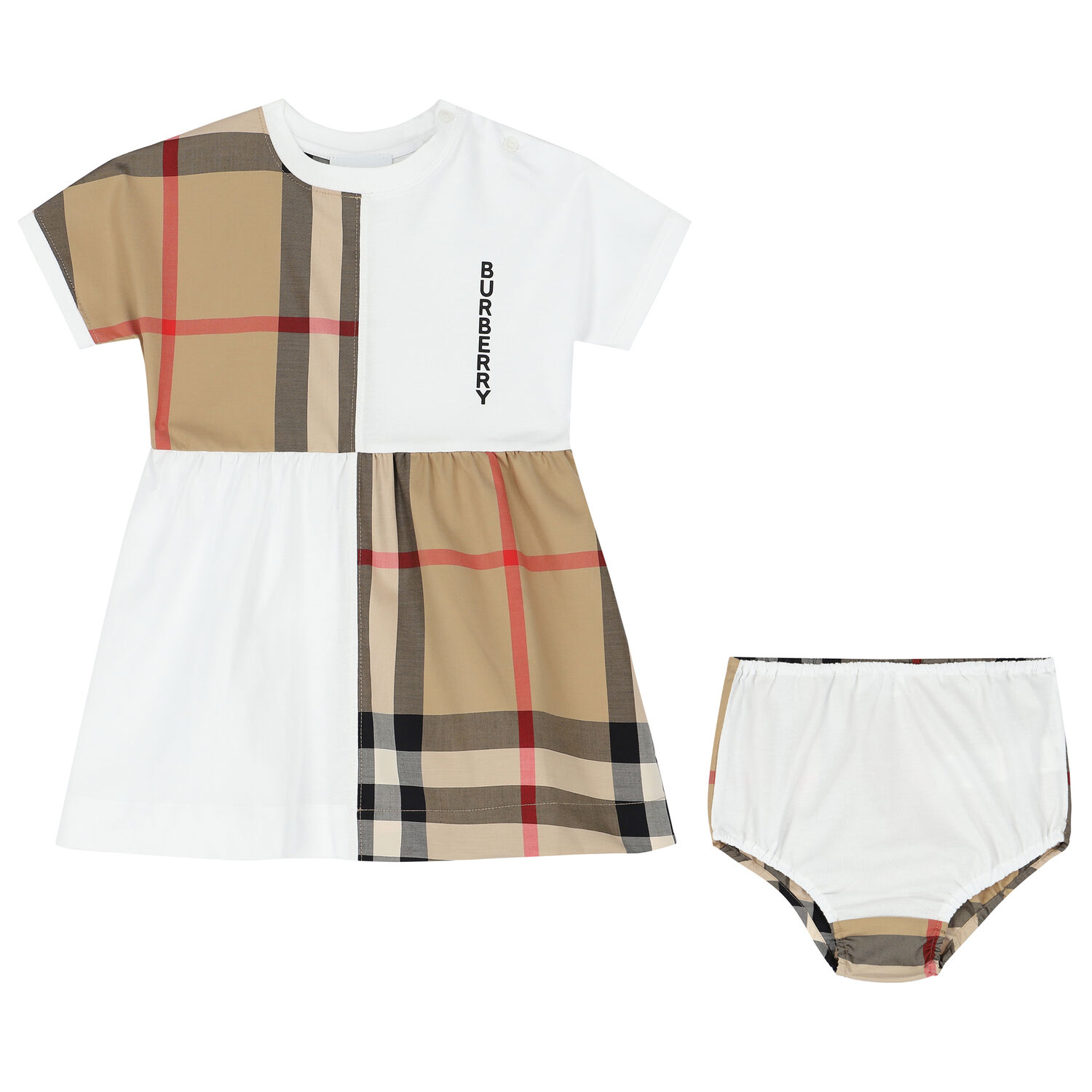 طقم فستان بالشعار باللون الأبيض والبيج, 1, hi-res