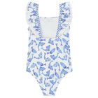 مايوة بنات بطبعة سمكة باللون الأزرق والأبيض, 1, hi-res