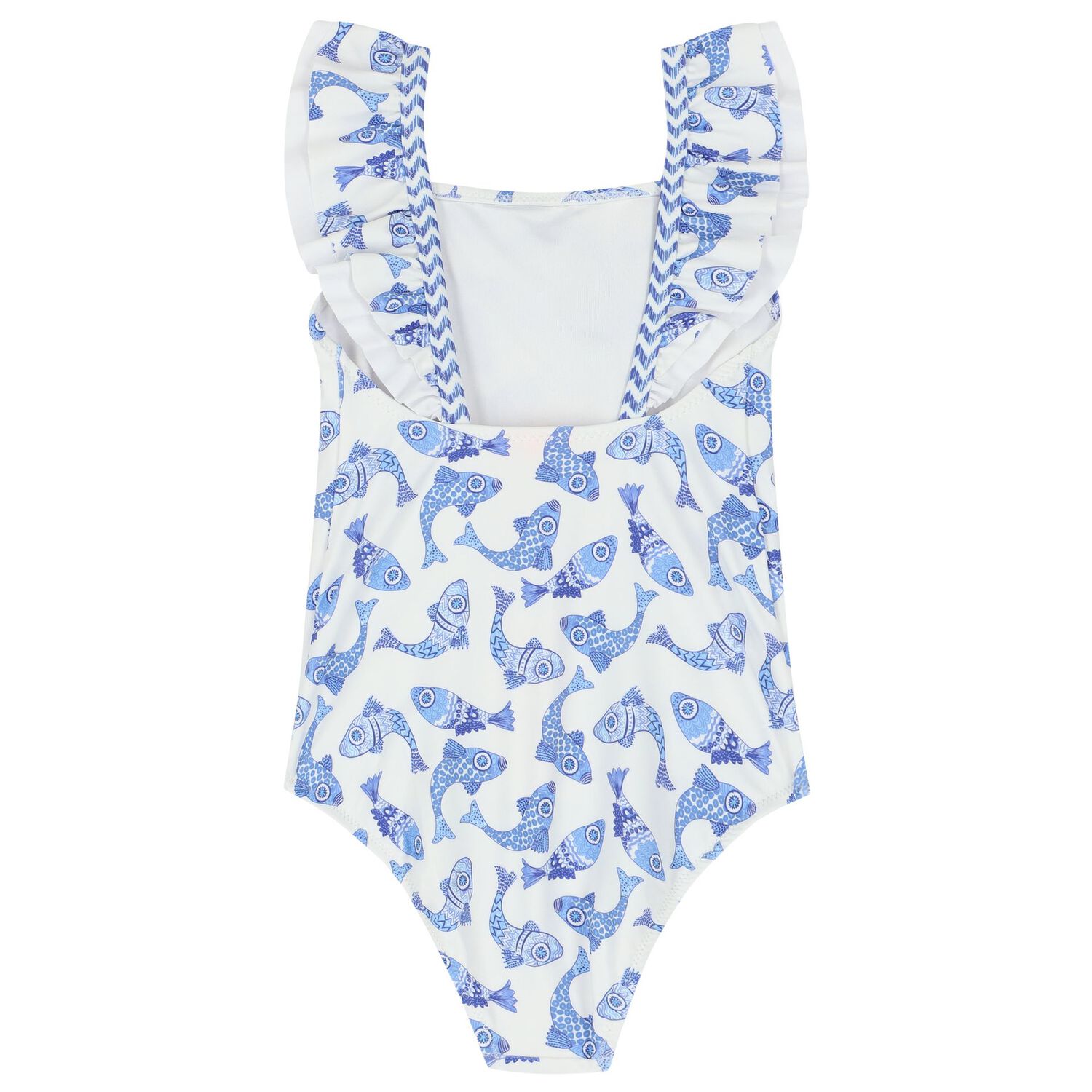 مايوة بنات بطبعة سمكة باللون الأزرق والأبيض, 1, hi-res image number null