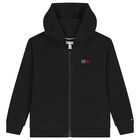 Girls Black Embellished Logo Hooded Zip Up Top, 1, hi-res