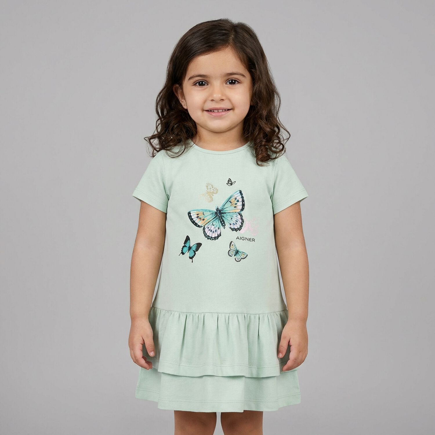 Younger Girls Aqua Butterflies Logo Dress, 2, hi-res