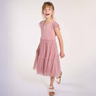 Girls Pink Bow Pleated Tulle Dress, 1, hi-res