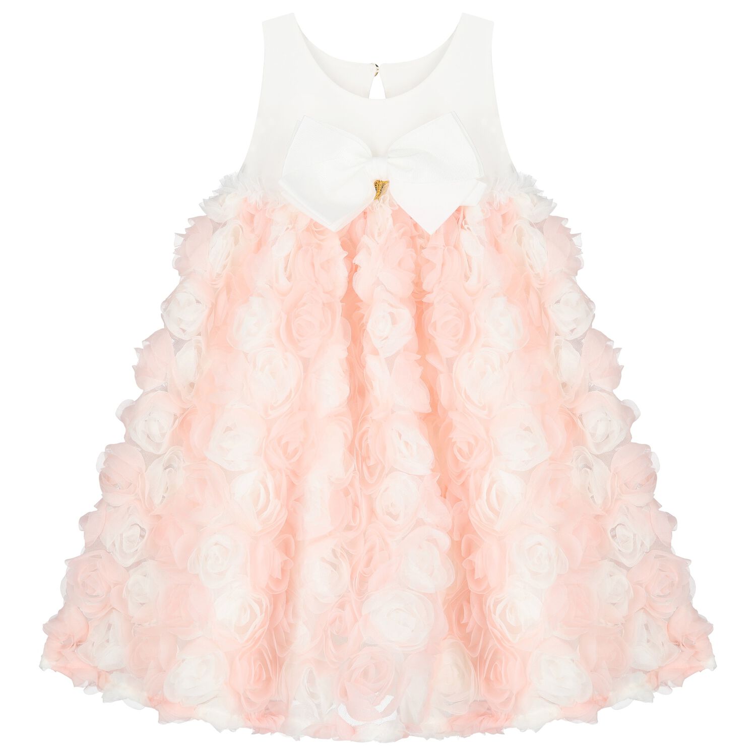 فستان بنات تول مزين بالورود باللون العاجي والوردي, 1, hi-res