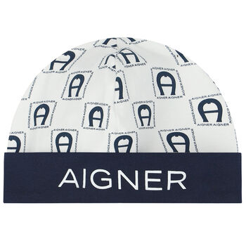 Baby Boys White & Navy Blue Logo Baby Hat
