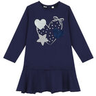 Girls Navy Sequin Long Sleeve Dress, 2, hi-res