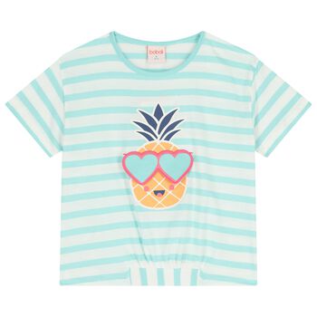 Girls White & Green Striped T-Shirt