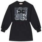 Girls Black Embellished Logo Dress, 1, hi-res