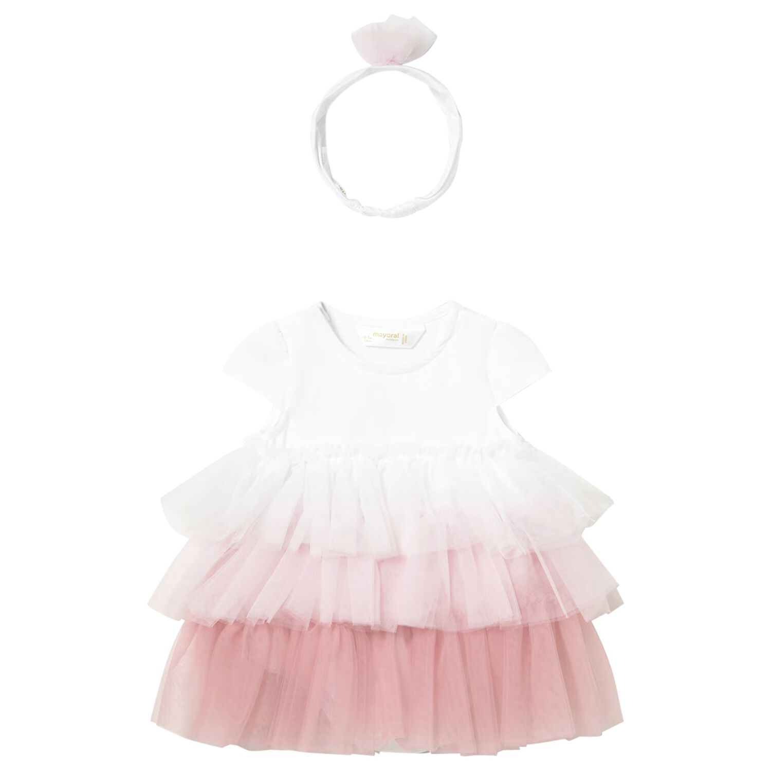 Baby Girls White & Pink Ombre Tulle Dress Set, 1, hi-res