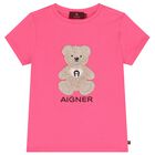Girls Pink Teddy Bear Logo T-Shirt, 3, hi-res