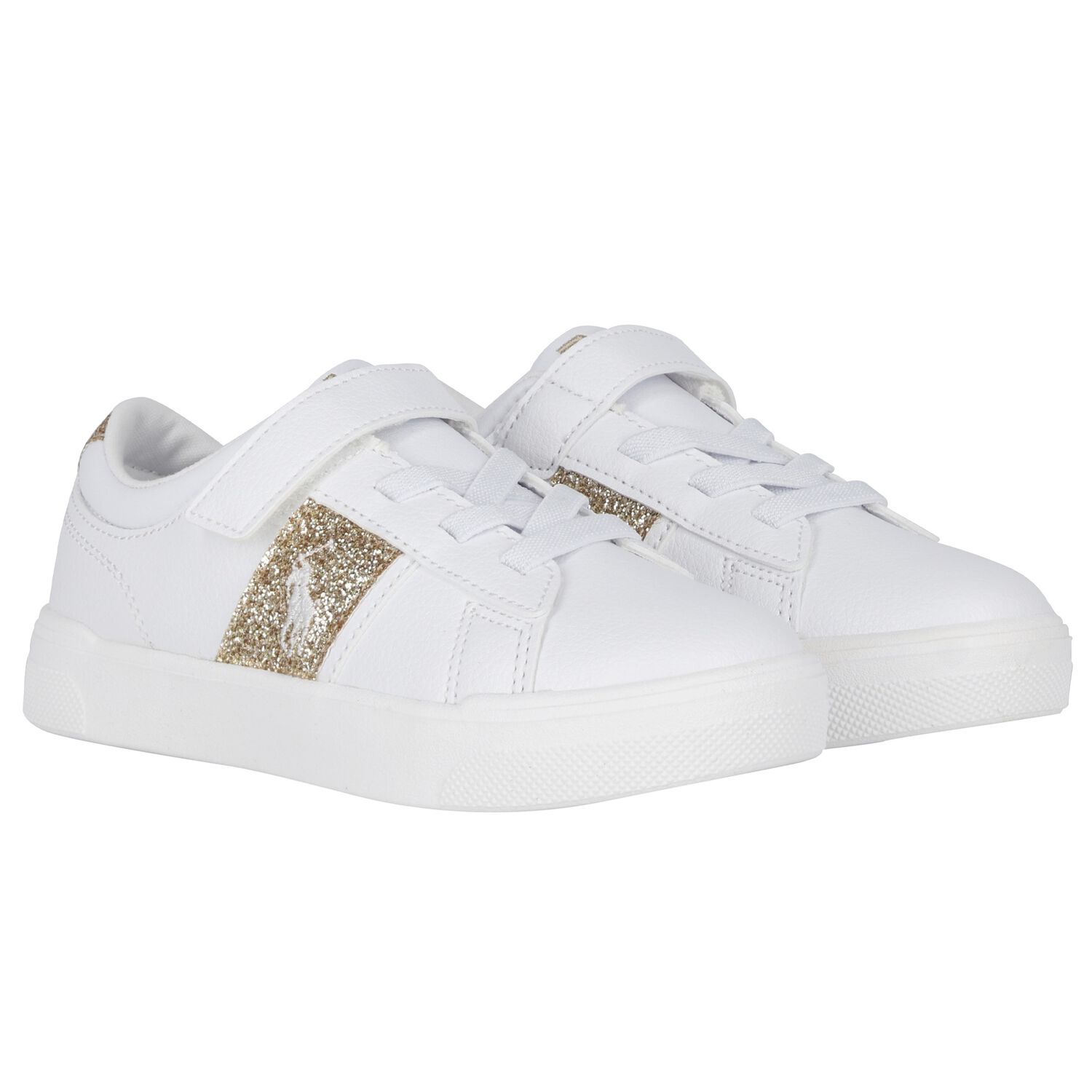 Girls White & Gold Logo Trainers, 1, hi-res
