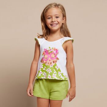 Girls White & Green Shorts Set