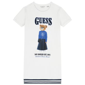 Girls White Teddy Bear Logo Dress