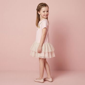 فستان اطفال بشعار سلسلة ذهبية وطبعة قلب باللون الوردي للبنات