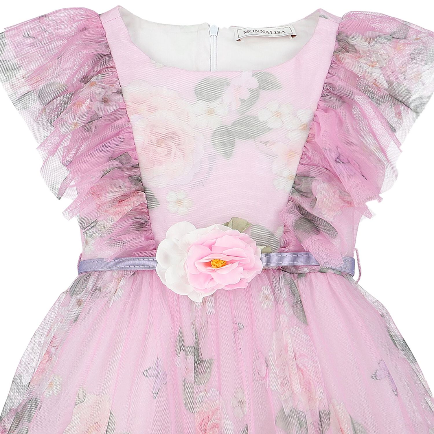 Girls Pink Floral Tulle Dress, 1, hi-res