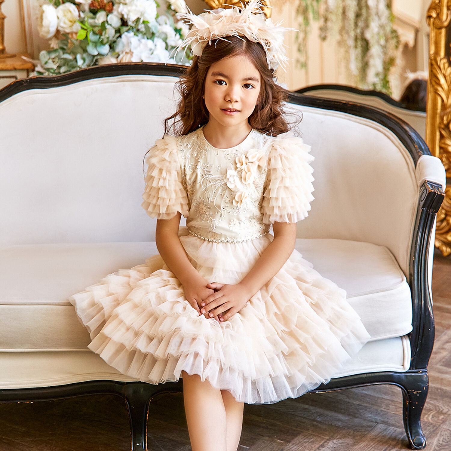 Girls Ivory & White Floral Tulle Dress, 1, hi-res image number null