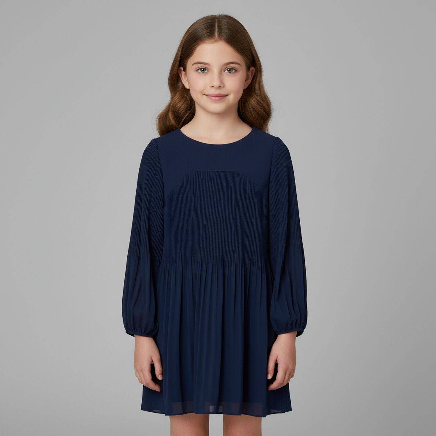 Girls Navy Blue Pleated Dress, 1, hi-res
