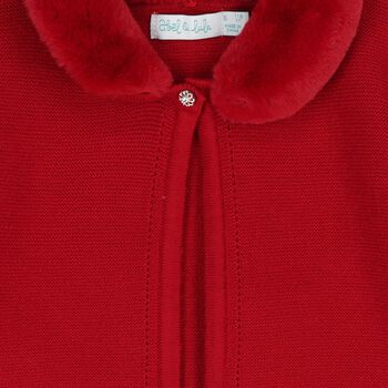Girls Red Faux Fur Collar Cardigan