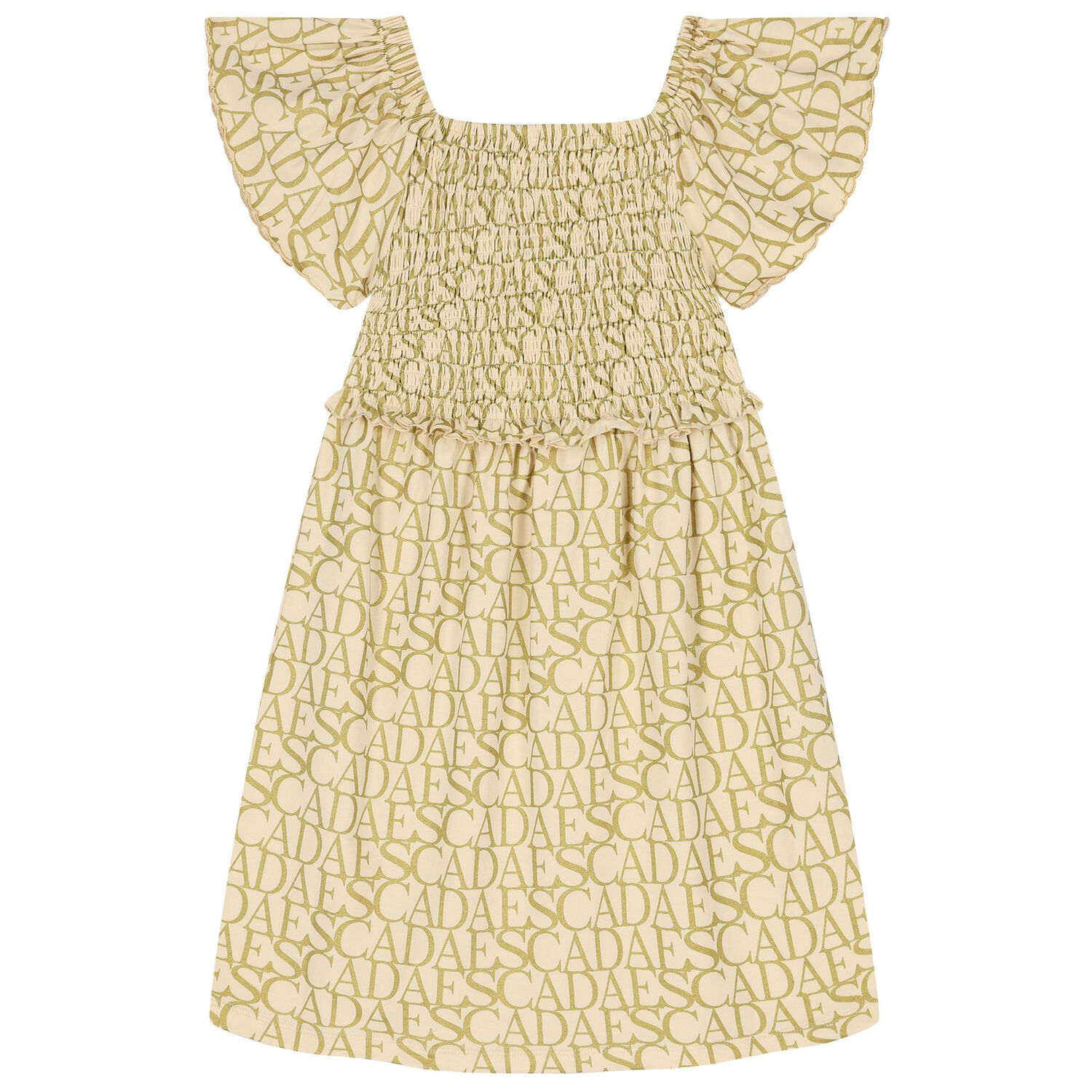 Girls Beige & Gold Logo Smocked Dress, 1, hi-res