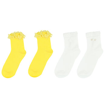 جوارب باللون الأبيض والأصفر للبنات (عبوة من قطعتين)