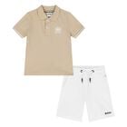  Younger Boys Beige & White Logo Shorts Set, 1, hi-res