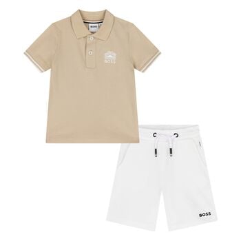 Younger Boys Beige & White Logo Shorts Set