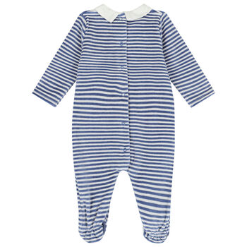 Baby Boys Navy & White Striped Velour Babygrow