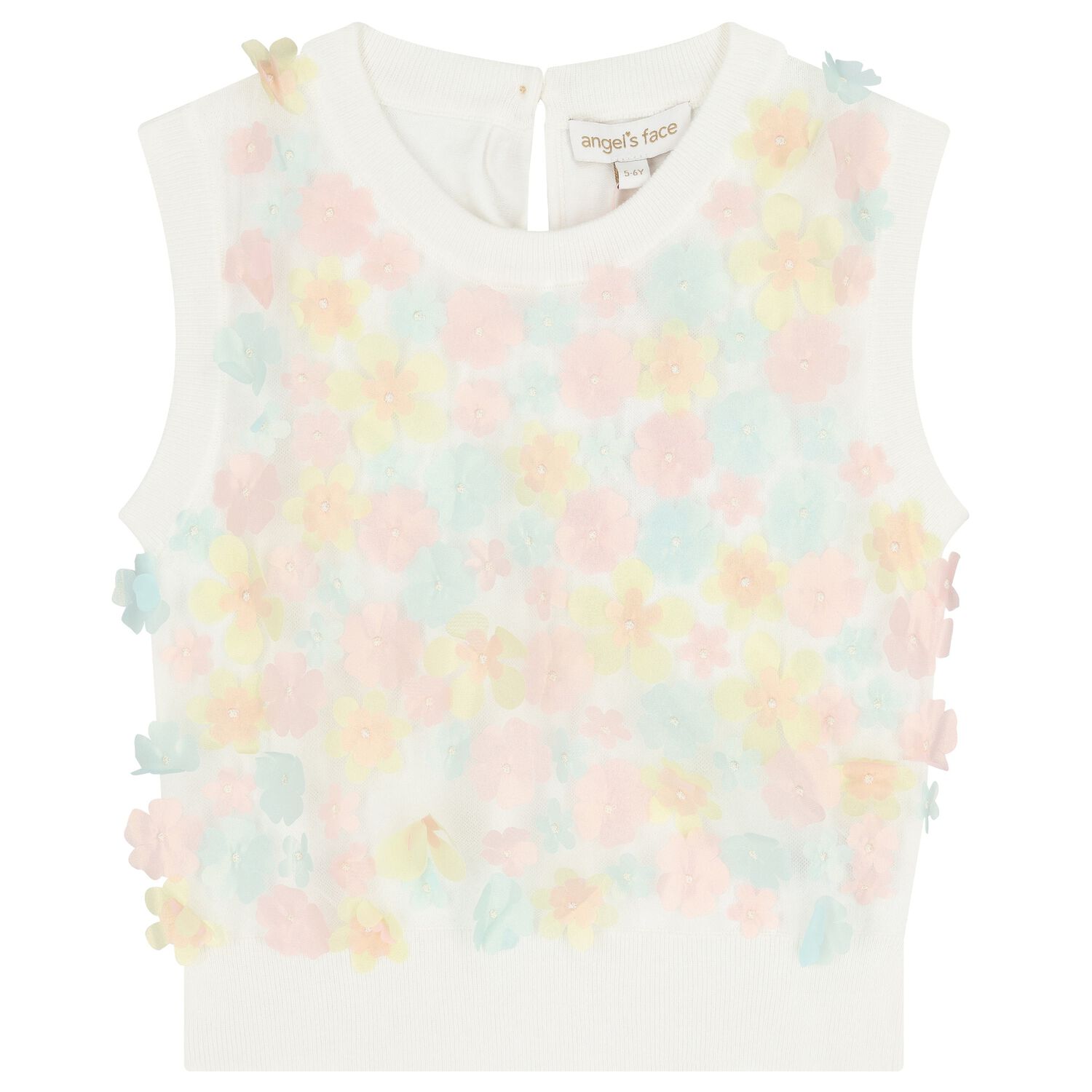 Girls White Pink & Blue Floral Appliques Top , 1, hi-res