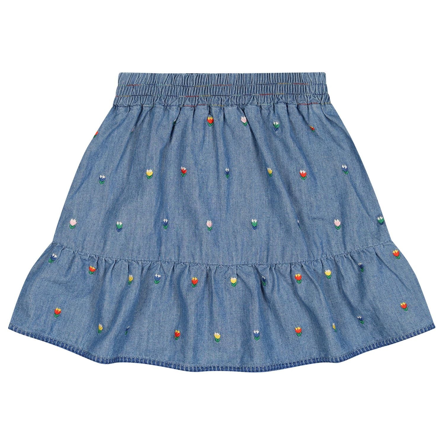 Girls Denim Blue Floral Skirt, 1, hi-res