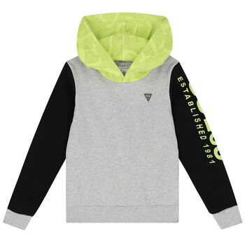 Boys Grey & Neon Green Logo Hooded Top