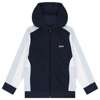 BOSS Boys Navy Blue, Blue & White Logo Hooded Zip Up Top, 4 Boys Navy Blue, Blue & White Logo Hooded Zip Up Top