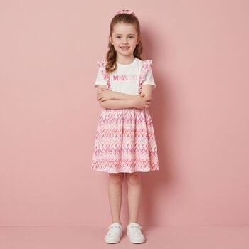Younger Girls White & Pink Logo Zig Zag Dress