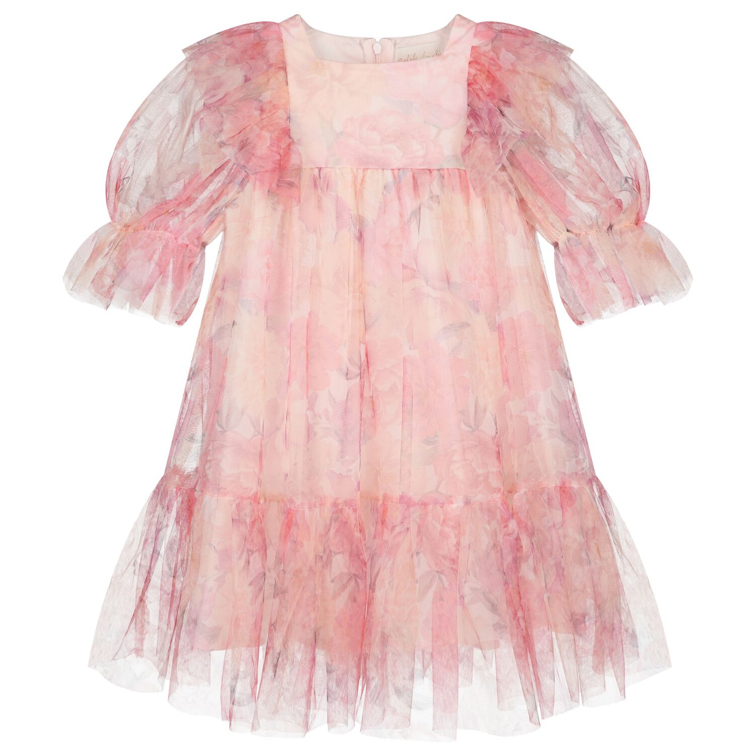 Girls Pink Floral Ruffled Tulle Dress, 1, hi-res