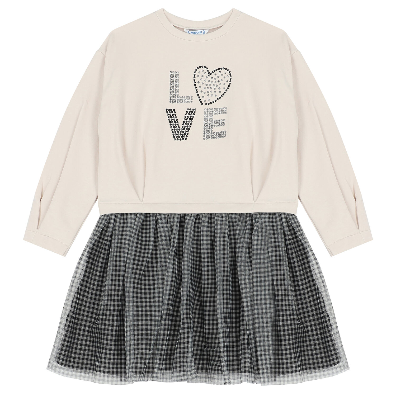 فستان بأكمام طويلة باللون العاجي والأسود, 1, hi-res