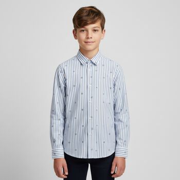 Boys White & Blue Striped Logo Shirt