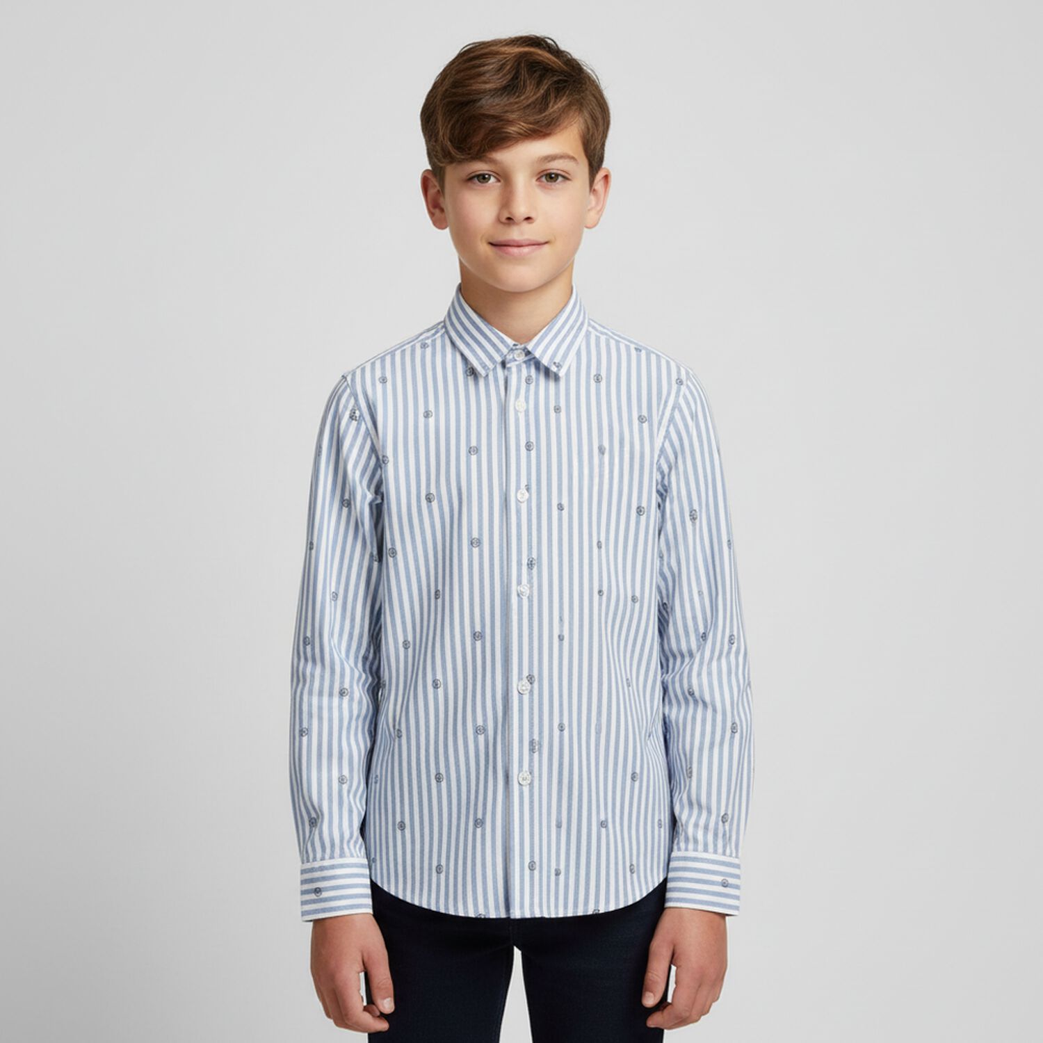 Boys White & Blue Striped Logo Shirt, 2, hi-res image number null