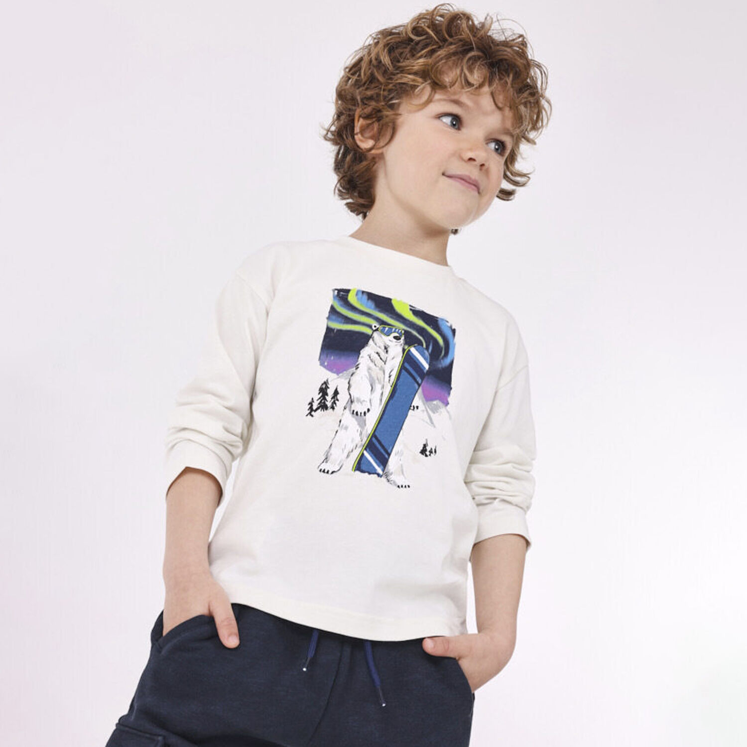 Boys Ivory Polar Bear Long Sleeve Top, 1, hi-res image number null