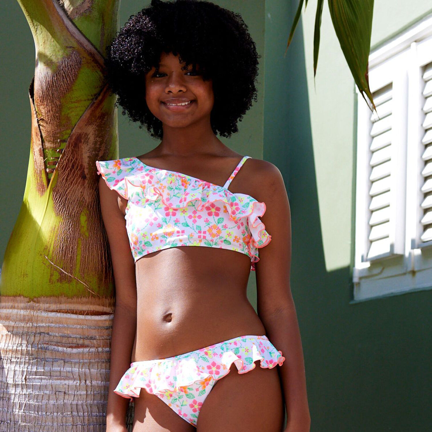 Girls White & Pink Floral Bikini, 1, hi-res image number null